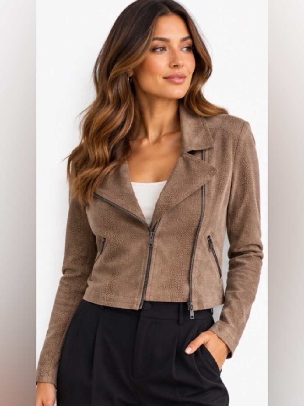 Skies Are Blue NWT Brown Faux Suede Snakeskin Moto Jacket S $159